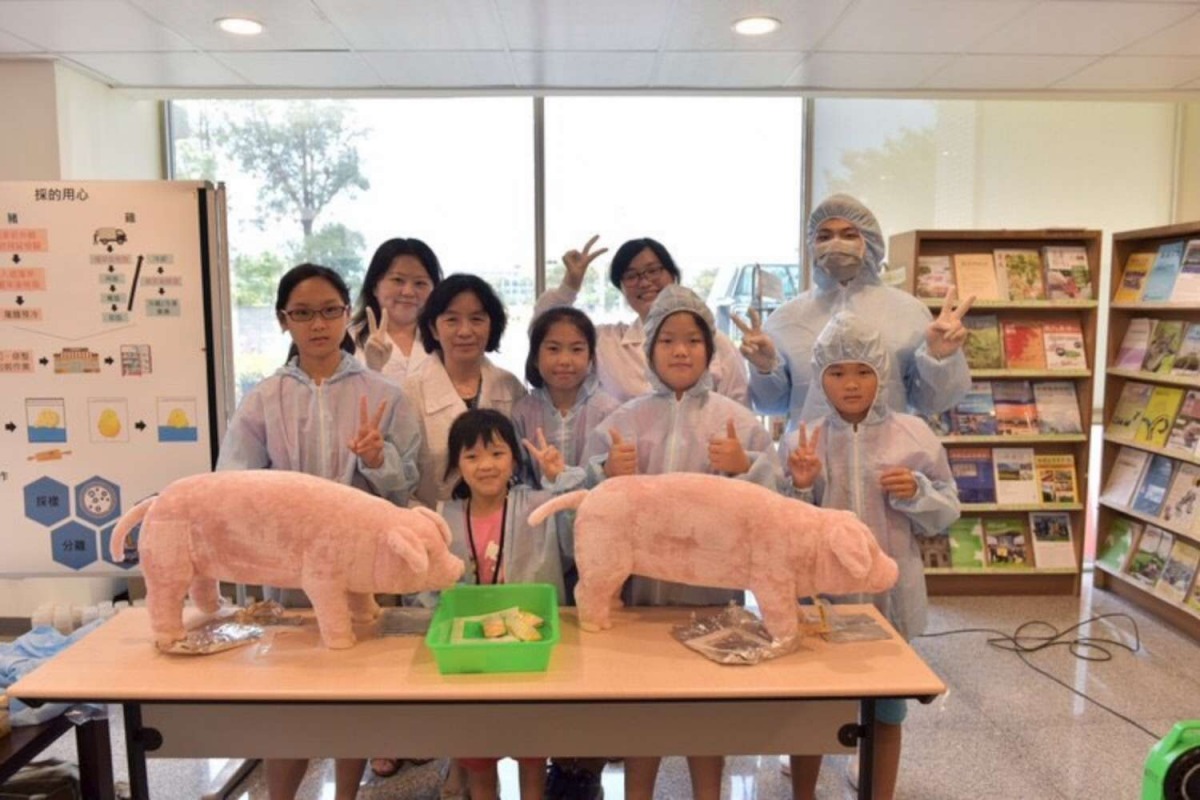 學童們透過模型了解豬隻的衛生安全檢驗。 新竹市動保所/提供