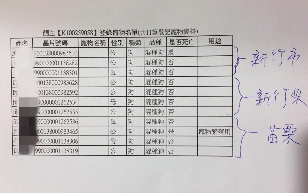 邱姓男子2月12日在南寮收容所先領養3隻，隔天再領養3隻時已出現領養11隻狗的警訊。 丸子/提供