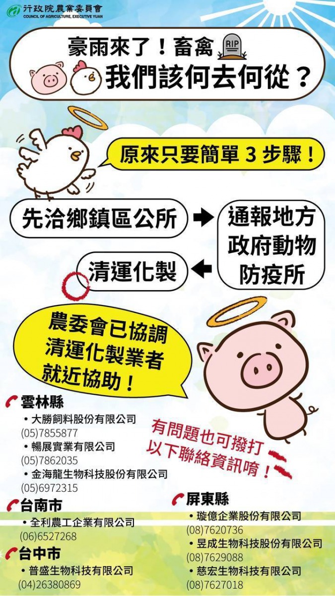 受災畜禽業者務必先申報各地公所，再由防疫機關進行清運、消毒作業。 農委會/提供